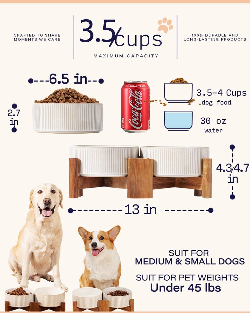 GET STAR Ceramic Dog Bowls Set with Acacia Wood Stand, 3.5 Cups Pet Bowls Set of 2 for Medium Dogs, Cute Dog Food Bowl, Cat Bowls - Image 2